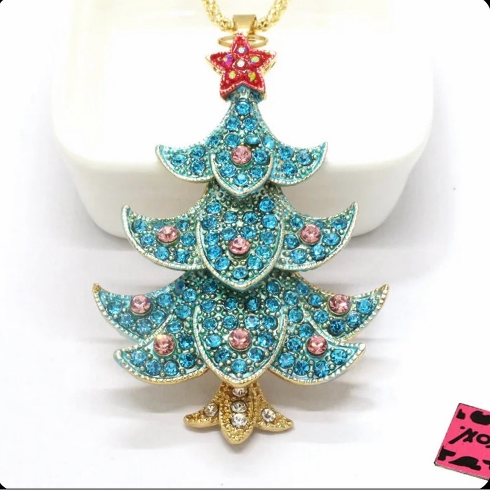Gold and Blue Christmas Tree Pendant Necklace
